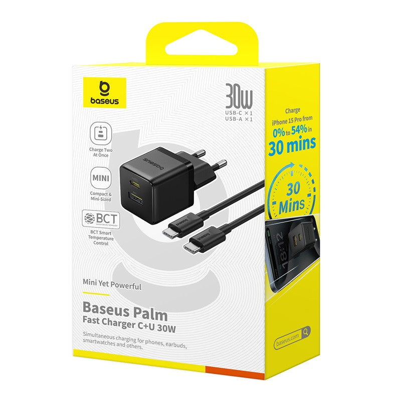 Мережевий зарядний пристрій Baseus Palm Fast Charger C+U 30W EU Cluster Black (with Baseus Mini White Cable Одеса - фото 2