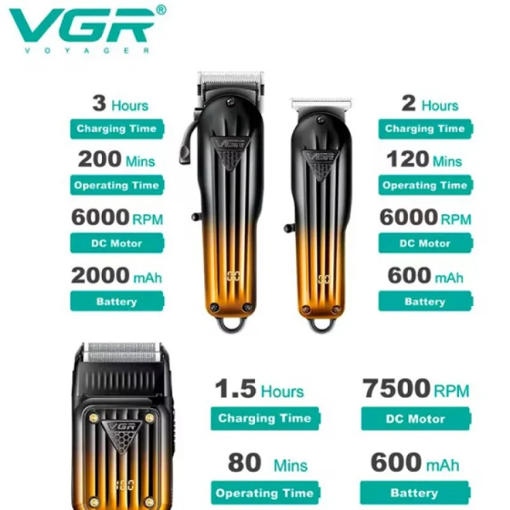 Набір для стрижки 3в1 VGR V-644 Black/Yellow: машинка, T-тример, шейвер, Li-Ion, 200 хв, LED, USB, чорно-жовтий Одеса