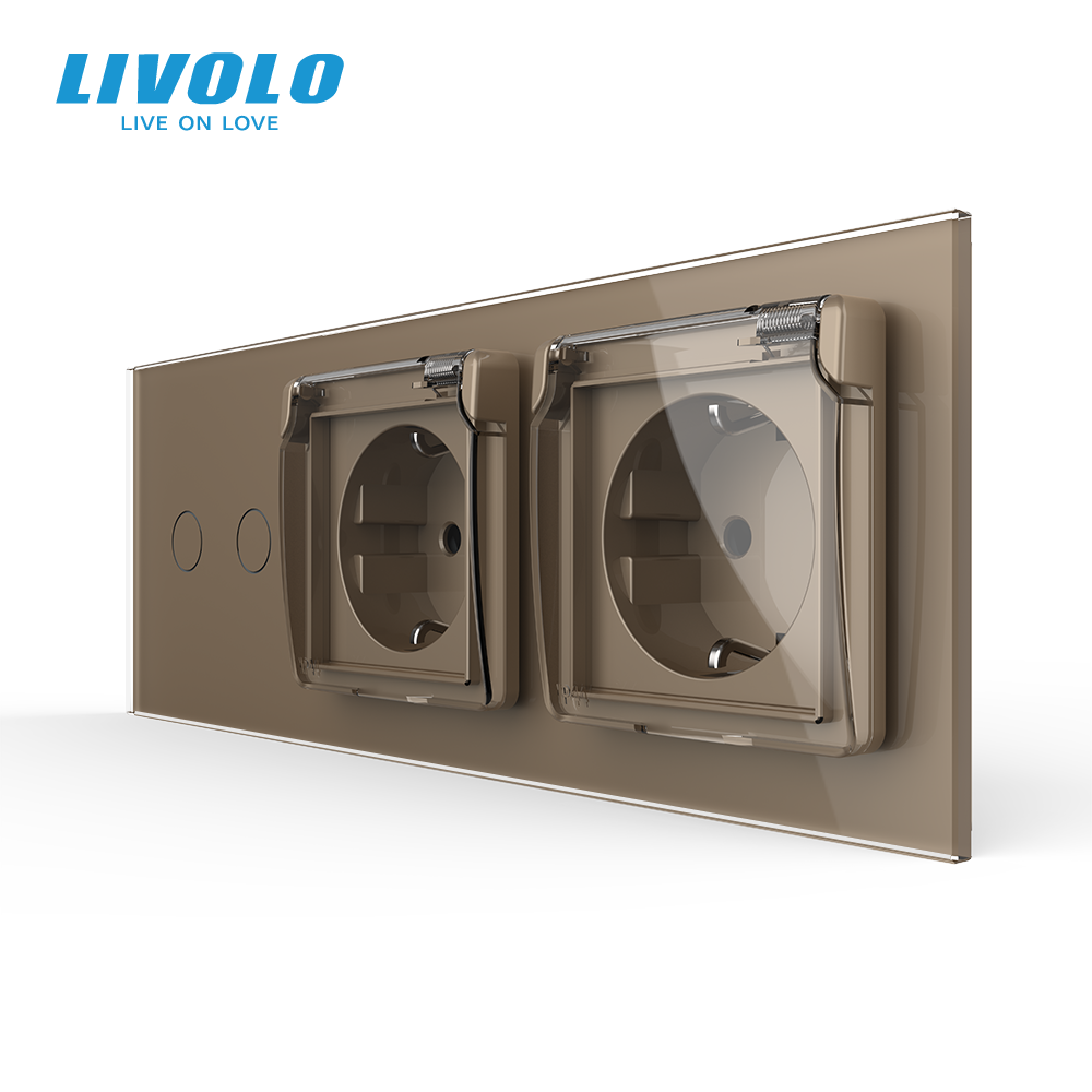 Сенсорний вимикач на 2 сенсори + подвійна розетка вологозахисна з кришкою IP44, з заземленням, золота скляна рамка, шторки, LIVOLO (VL-C702/C7C2EUWF-1 Коломыя - изображение 1