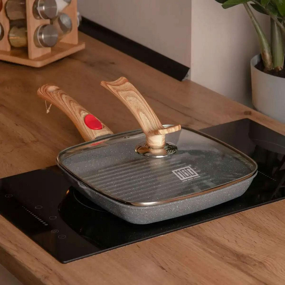 Сковорода-гриль алюминиевая 24 см с крышкой серый квадрат Киев - изображение 8