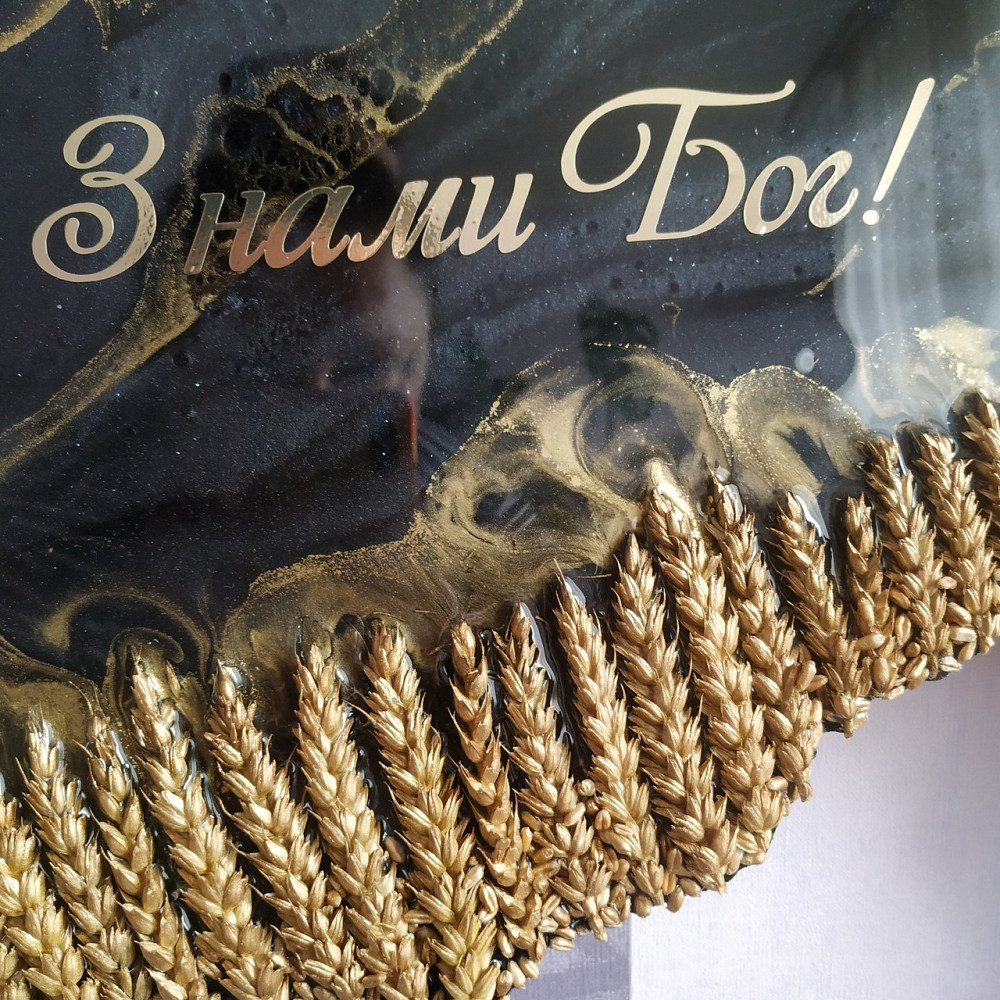 Годинник настінний 40 * 25 см з епоксидної смоли ручної роботи "Карта України" з колоками та гербом Дніпро - фото 6