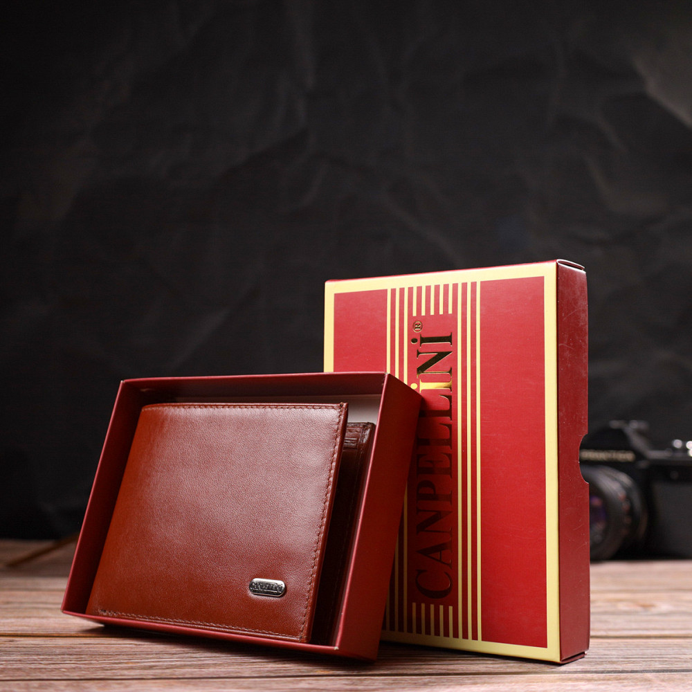 Мужской бумажник без застежки горизонтального формата из натуральной гладкой кожи Коричневый (CANPELLINI) Киев - изображение 4