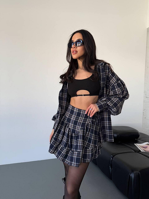 Жіночий стильний костюм-двійка: сорочка та спідниця в карту тіар Темно-синій, 42/44 Одеса - фото 8