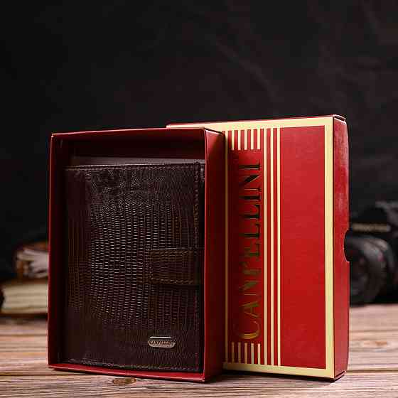 Оригинальное вертикальное мужское портмоне среднего размера из натуральной кожи с тиснением CANPELLINI 21734 Коричневое Киев