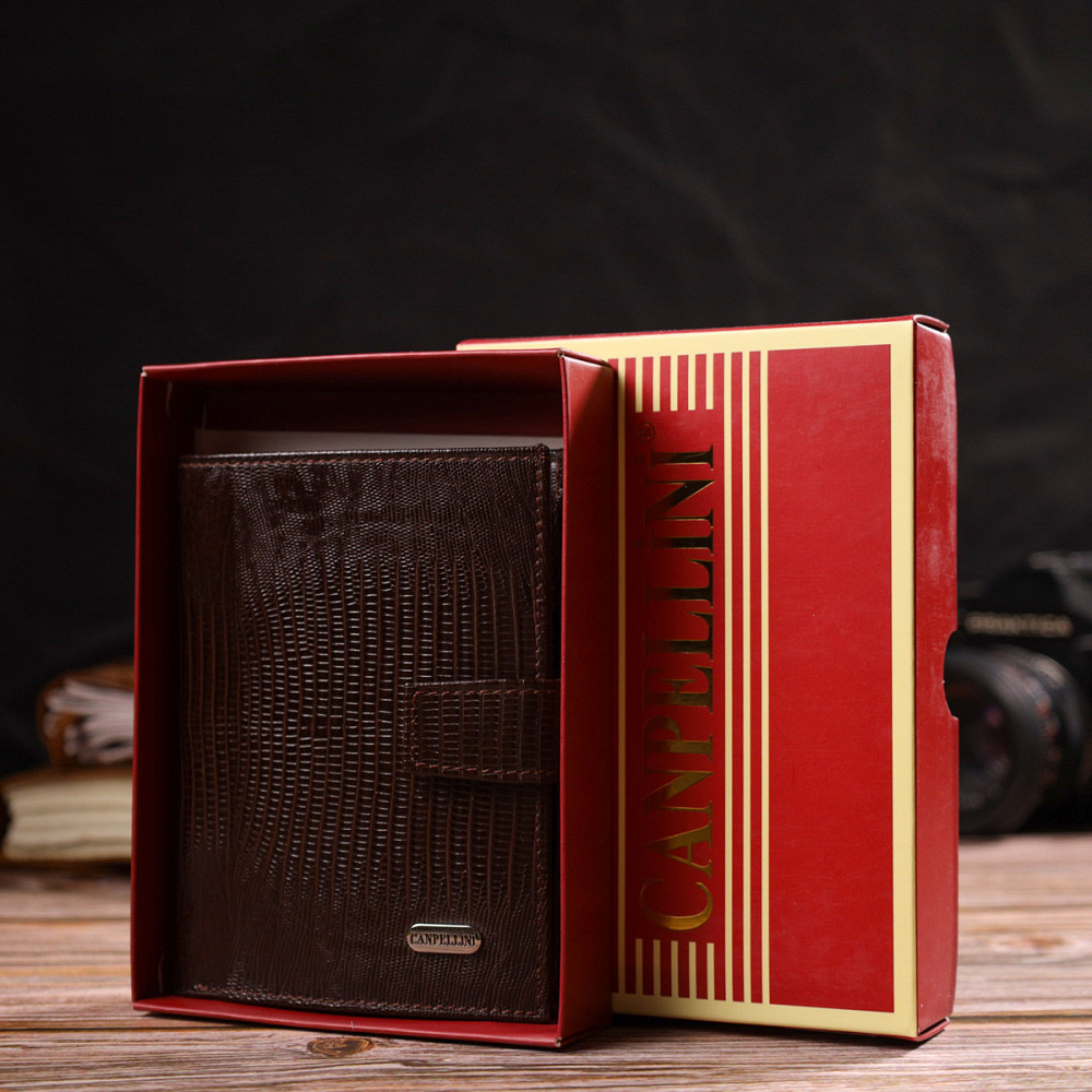 Оригинальное вертикальное мужское портмоне среднего размера из натуральной кожи с тиснением CANPELLINI 21734 Коричневое Киев - изображение 1