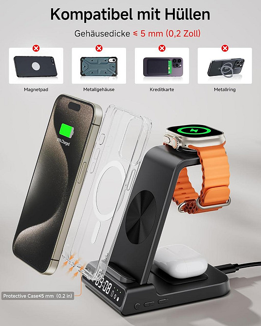 Беспроводная зарядная станция 3в1 для iPhone 16/15/14/13/12 Pro, Apple Watch AirPods Pro/4/3/2 быстрая зарядка Киев - изображение 6