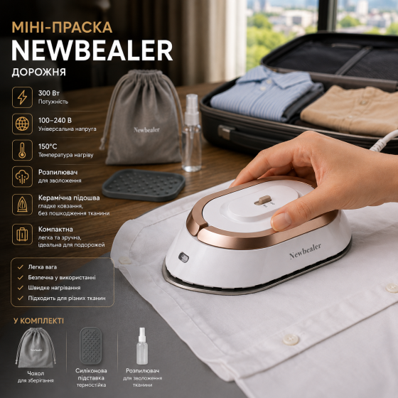 Мини-утюг Newbealer дорожный 300 Вт, 100–240 В, керамическая подошва, 150°C, распылитель, чехол, силиконовая подставка, золотой Киев