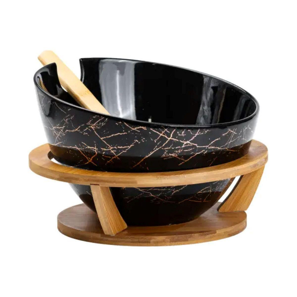 Салатниця з бамбуковою підставкою і ложкою, чорна Ø 25 см Київ - фото 1