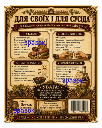Етикетки на пляшку вина або ігристого для сусіда “Сусід №1” | Прикольний подарунок сусіду Одеса
