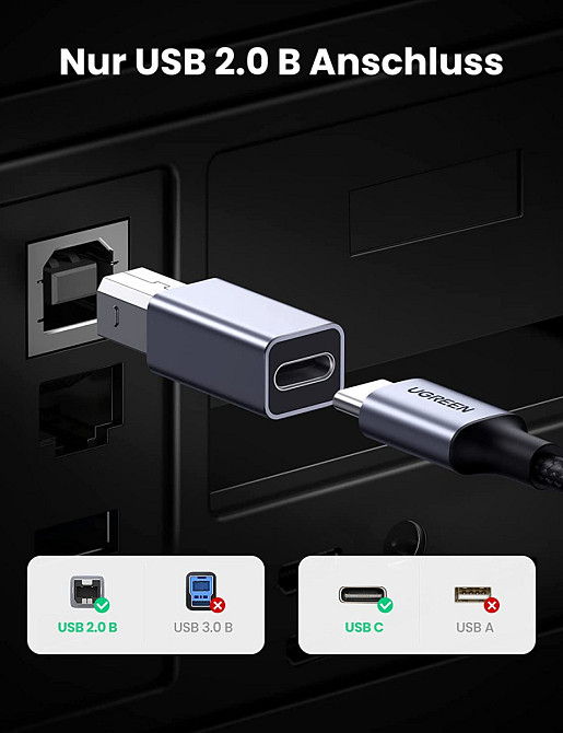 Переходник USB-C на USB-B Ugreen US382 для принтера, жесткого диска, док станции 20120 (Серый) Николаев - изображение 8