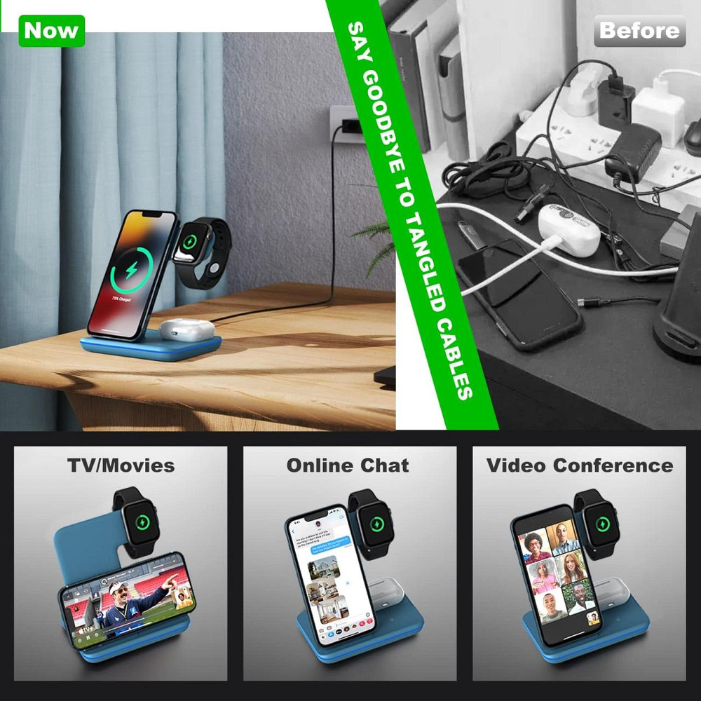 Бездротова зарядна станція 3в1 Minthouz, 18W, для iPhone, Apple Watch, AirPods, QC3.0, Type-C, синя Київ - фото 5