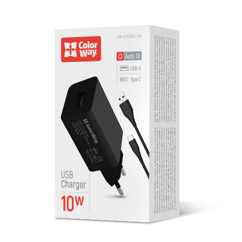 Зарядний пристрій мережевий USB + кабель Type-C 2,4A 10W чорний ColorWay CW-CHS012CC-BK Житомир