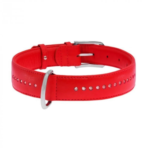 Нашийник 1542 15мм "Перламутр" шкіра подвійний прикрашений стразами Червоний Вінниця