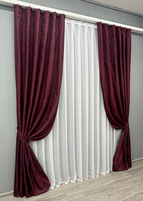 Комплект готовых штор VR-Textil Жаккард Мрамор Al1 № 1302ш Бордовый 100х270 см 2 шт (31-730) Киев - изображение 3
