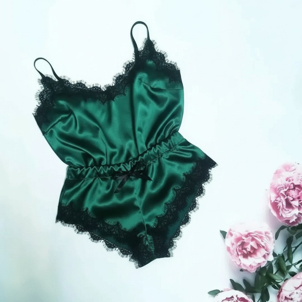 Піжама жіноча атласна з мереживом майка + шорти Зелений S Харків - фото 2