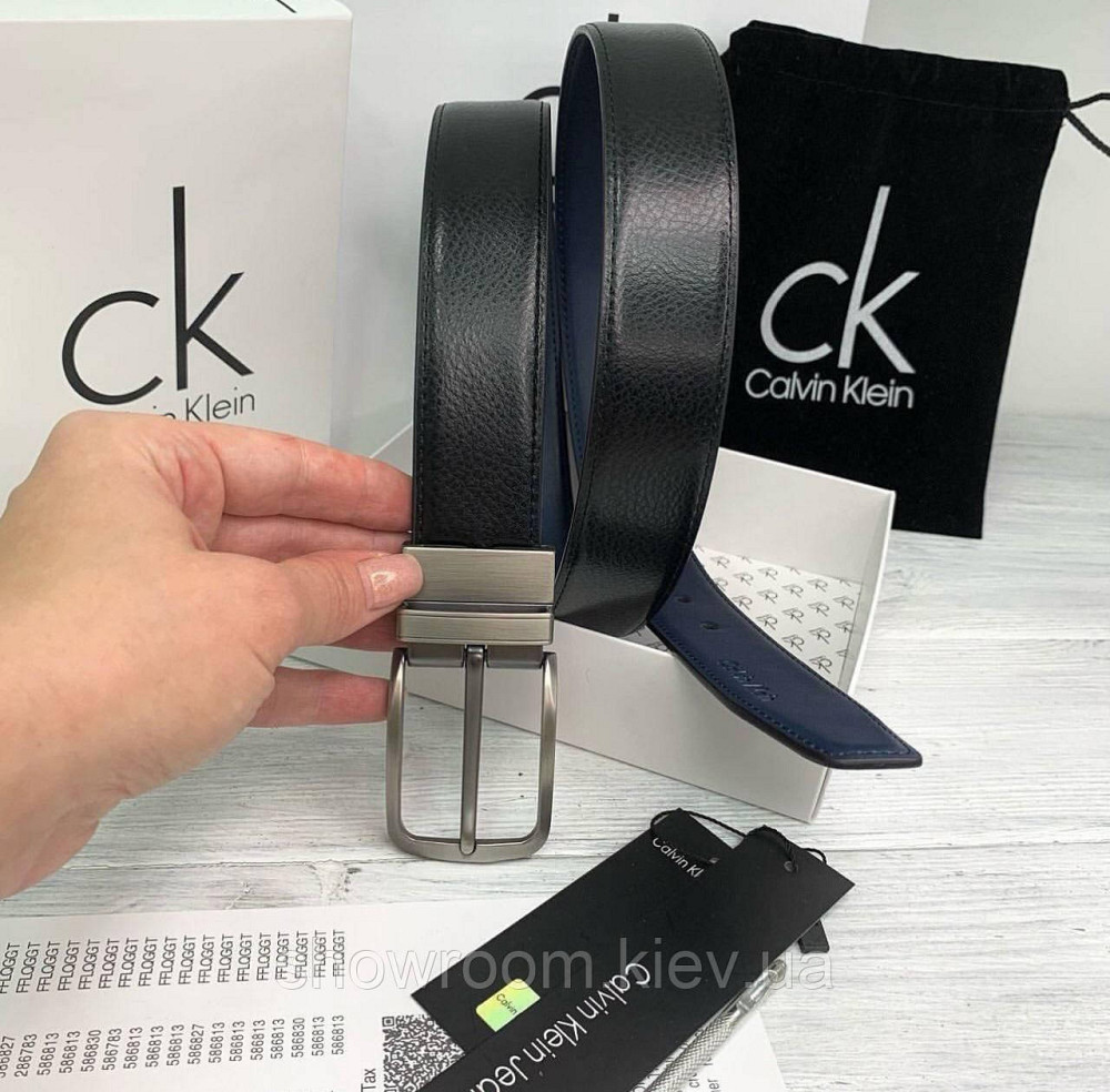 Двусторонний кожаный ремень в подарочной упаковке (453) черный/синий Киев - изображение 3