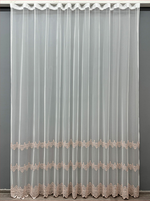 Тюль VR-Textil 1469т Грек-сетка с вышивкой Молочный с пудровым 300х270 см (40-004) Киев - изображение 2