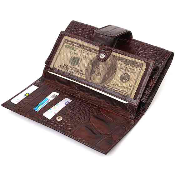 Превосходное стильное мужское портмоне из натуральной кожи с тиснением под крокодила Коричневое (CANPELLINI) Киев