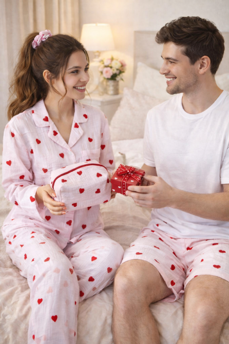 Подарочный бокс Женская муслиновая пижама (рубашка + штаны) мужские шорты-трусы, косметичка и резинка в подарок в красные сердечки 52, 56 Каменец-Подольский - изображение 7