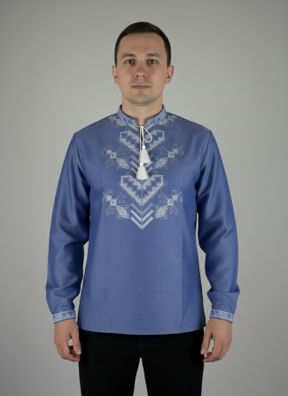 Синя чоловіча вишиванка із домотканого полотна Дерево життя Київ