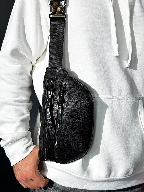 Бананка із натуральної шкіри, шкіряна сумка на пояс SKILL Two Line (Чорна) Суми - фото 4