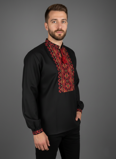 Чорна чоловіча вишиванка із домотканого полотна Київ - фото 2
