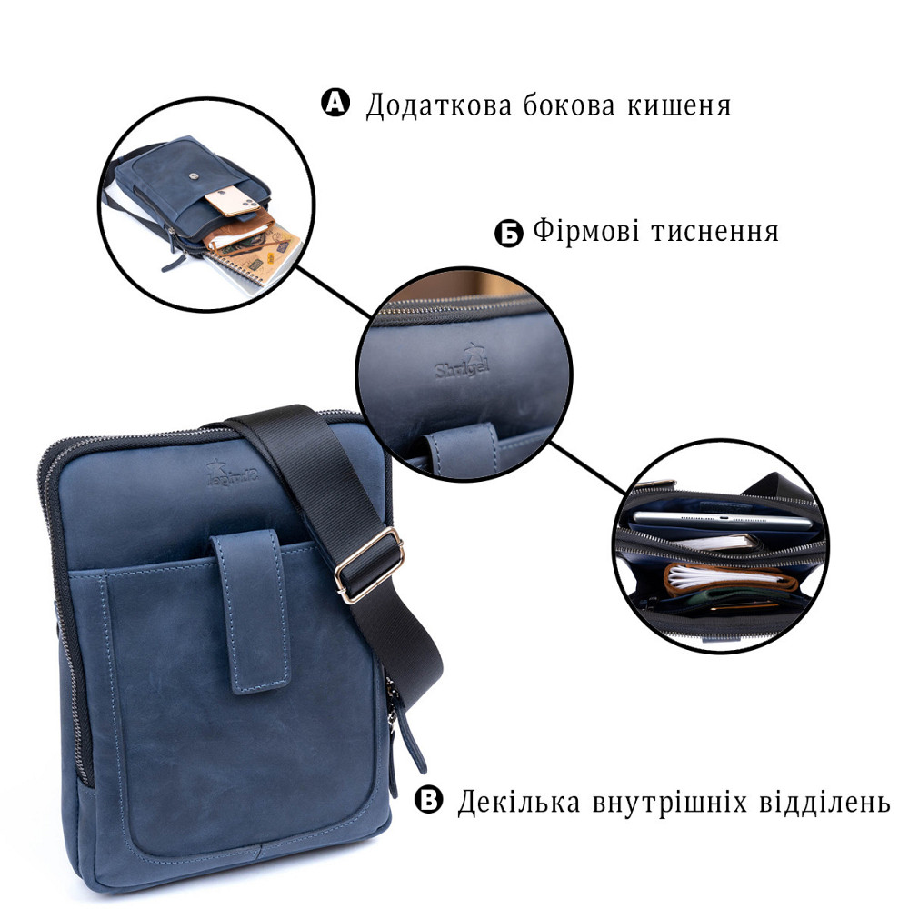Сумка чоловіча планшет на два відділення вінтажна шкіряна Синя (SHVIGEL) Київ - фото 8