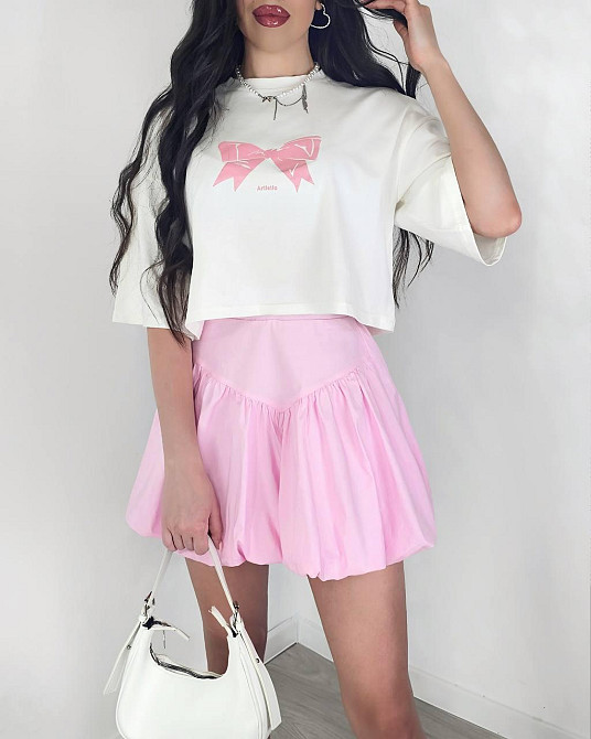 Женский летний романтичный костюм двойка: футболка и юбка турецкий кулир + коттон Розовый, 46/48 Одесса - изображение 3