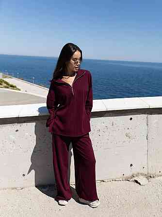 Женский повседневный оверсайз костюм двойка: кофта и штаны трикотаж пума рубчик Бордо Одесса