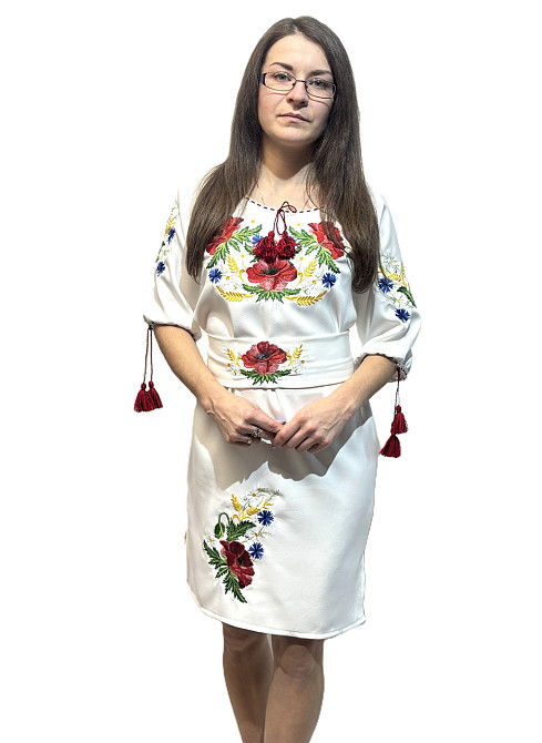 Женское белое вышитое платье с поясом с большими Маками и колосками 62 Киев - изображение 1