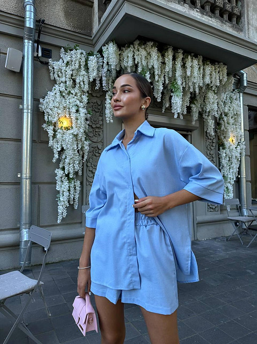 Жіночий стильний літній повсякденний костюм із якісного льону Блакитний, 46/48 Одеса - фото 3