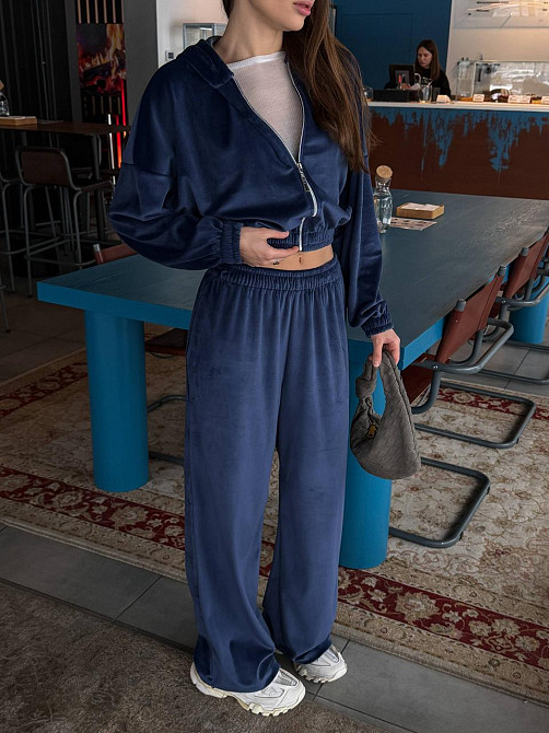 Женский повседневный велюровый костюм двойка: кофта и штаны плотный турецкий велюр Синий, 42/46 Одесса - изображение 1