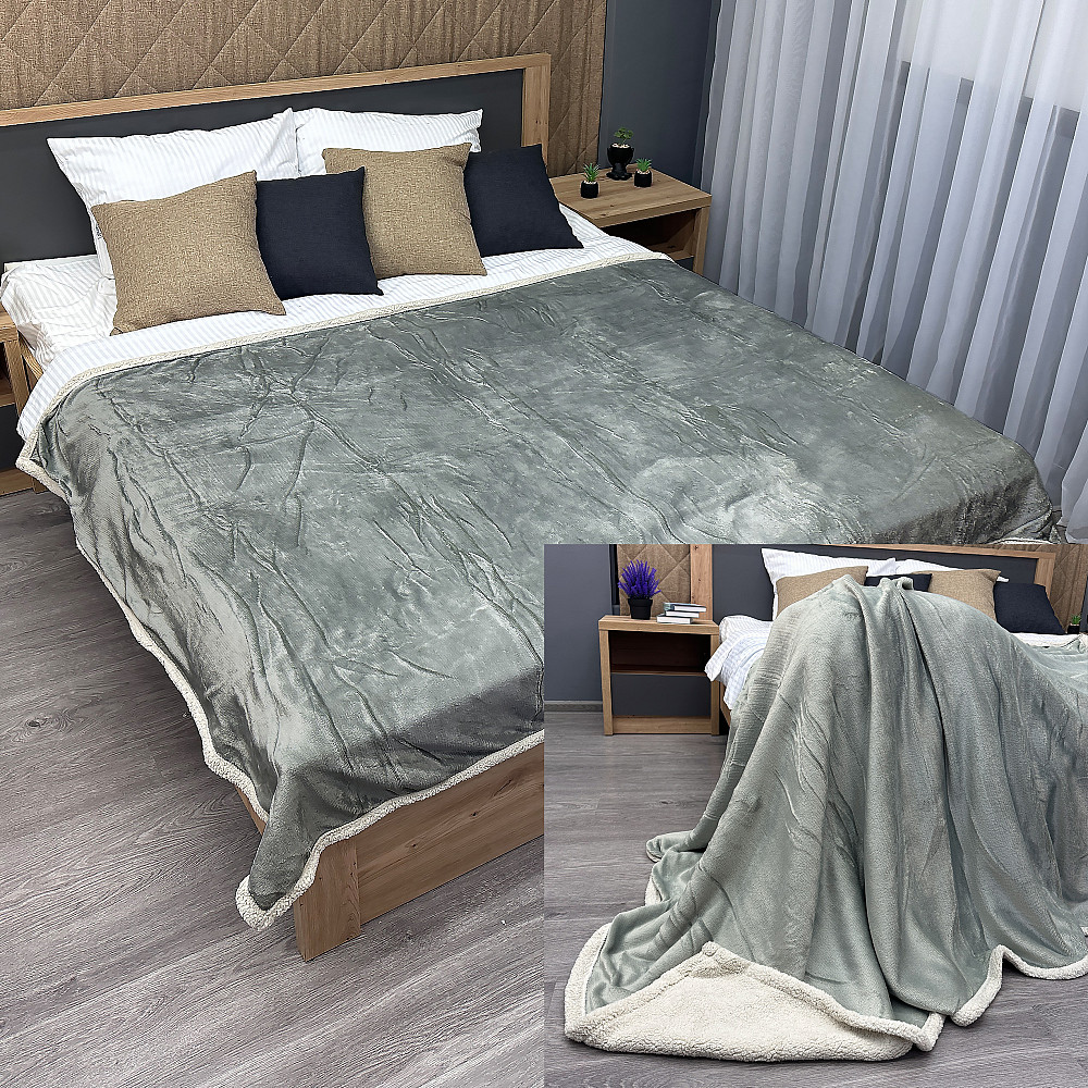 Плед двосторонній 155х200 см (+-5см) із штучною овчиною Світло-сірий з бежевим (87-066) Київ - фото 1