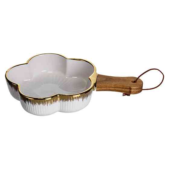 Тарілка порцелянова глибока з ручкою Квітка 24×16×4 (см) блюдо сервірувальне з ручкою для подачі тарілка сковорода Золото ZJH-13-1 Коломия