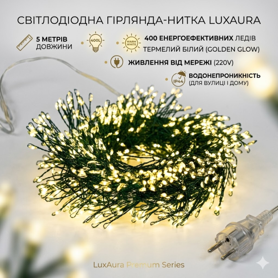 Світлодіодна гірлянда-нитка 5 м, 400 л, теплий білий – створює атмосферу свята вдома та на вулиці Київ
