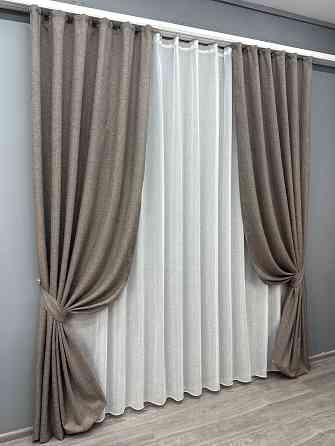 Комплект штор VR-Textil Лен Мешковина 100х270 2шт и Тюль 400х270 1769ш-115т Серый с белым 71-029/2 Киев