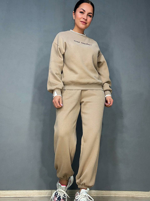 Костюм женский A-N 27063 свитшот и джогеры оверсайз с вышивкой бежевый, бежевый, M Киев - изображение 9