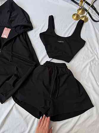 Женский прогулочный костюм тройка: кофта топ и шорты двунитка Черный, 46/48 Одесса