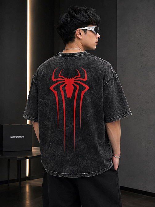 Варена футболка оверсайз «Spider-Man» — чорна футболка з червоним принтом Людина-павук S, Сірий Чернівці - фото 1