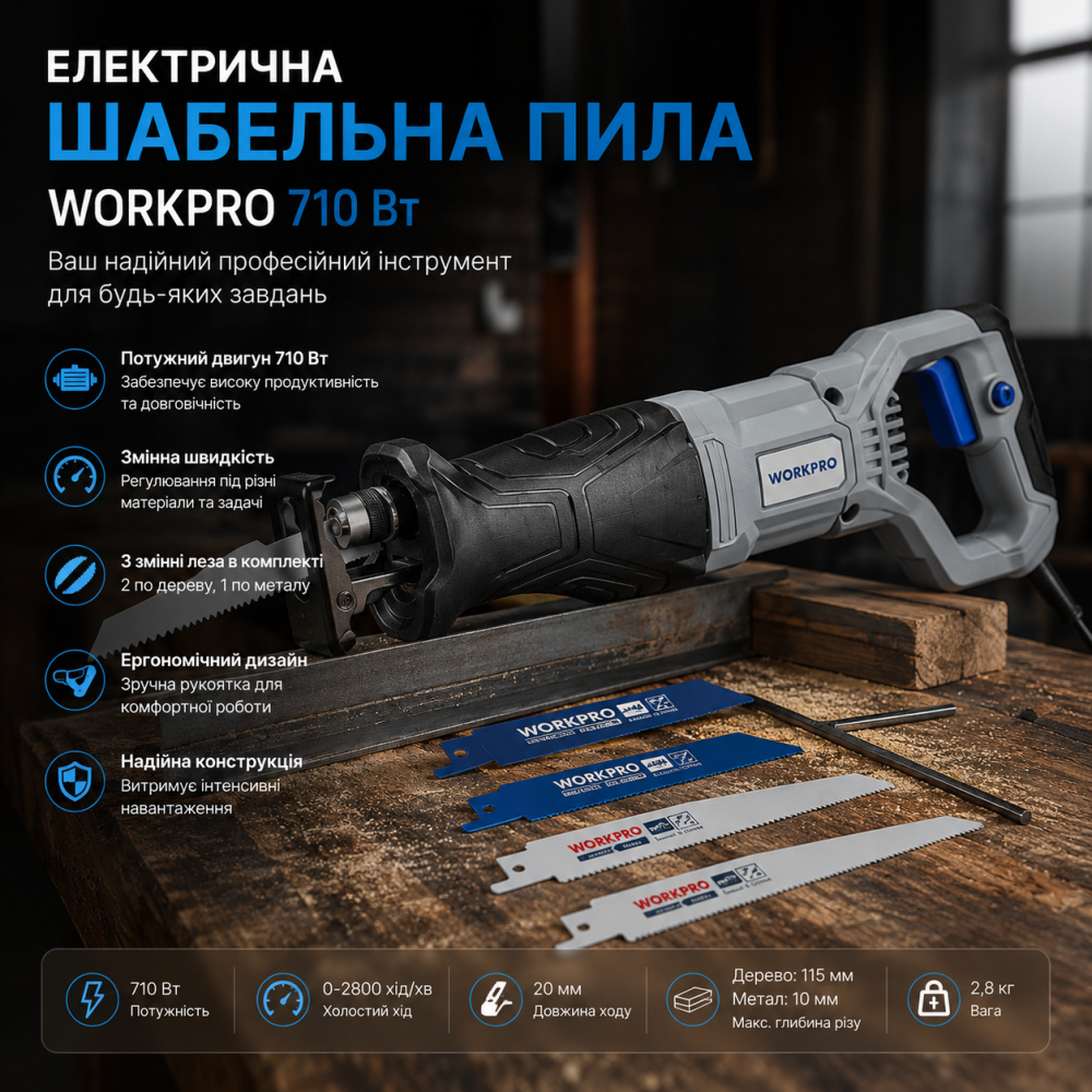 Електрична шабельна пила WORKPRO 710 Вт зі змінною швидкістю та 3 лезами: Ваш надійний професійний інструмент для роботи Київ - фото 9