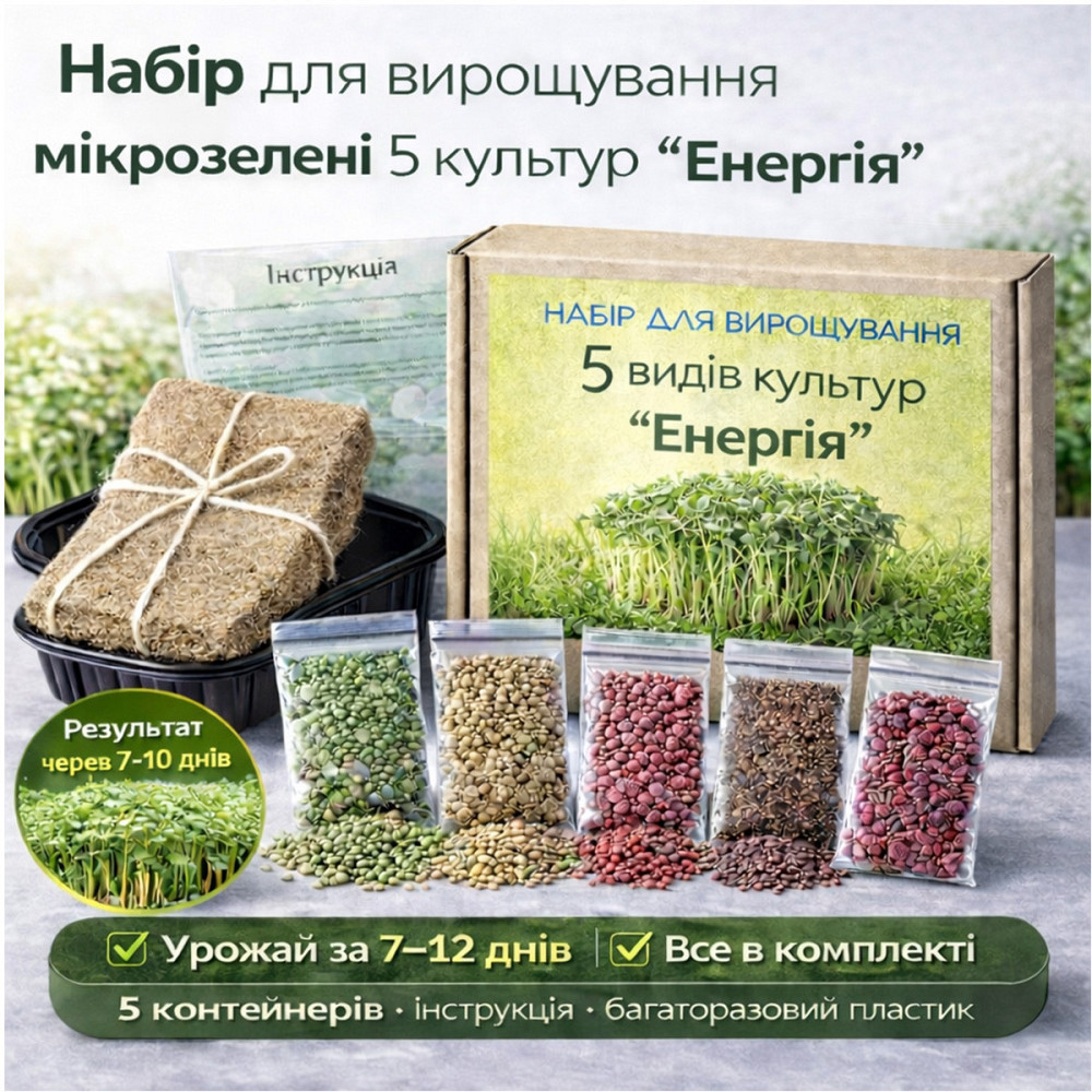 Набір для вирощування мікрозелені 5 культур «Енергія» з контейнерами та інструкцією (повний комплект) Харків - фото 1