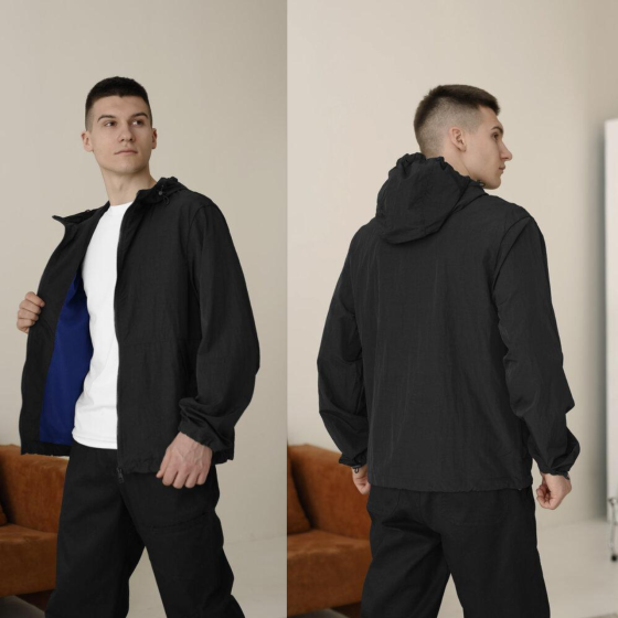 Чоловіча вітровка легка куртка спортивна з капюшоном літо-весна Pobedov Neon чорна Одеса