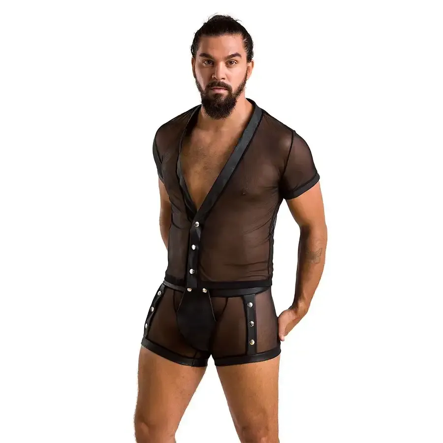 Комплект сітчастої чоловічої білизни Passion 052 SET MICHAEL L/XL black, сорочка, боксери, заклепки Львов - изображение 3