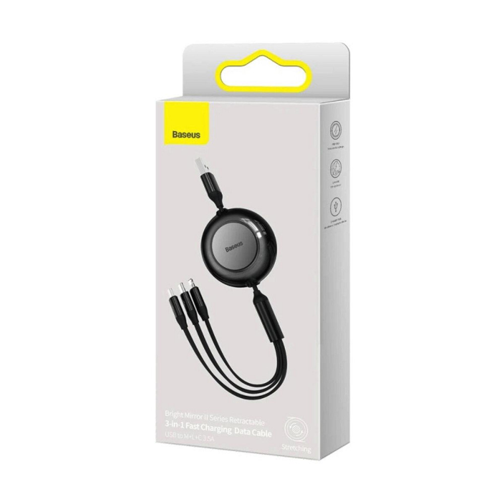 Кабель Baseus Free2Draw Retractable Crystal Fast Charging Data Cable USB to M+L+C 3.5A 1.1m Cluster Black Одесса - изображение 2