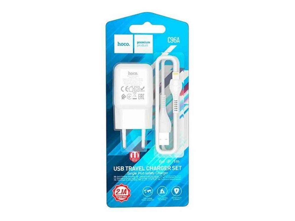 Мережевий зарядний пристрій для iPhone Lightning C96A 2.1A/1USB/блістер білий 1м ТМ HOCO Київ - фото 1