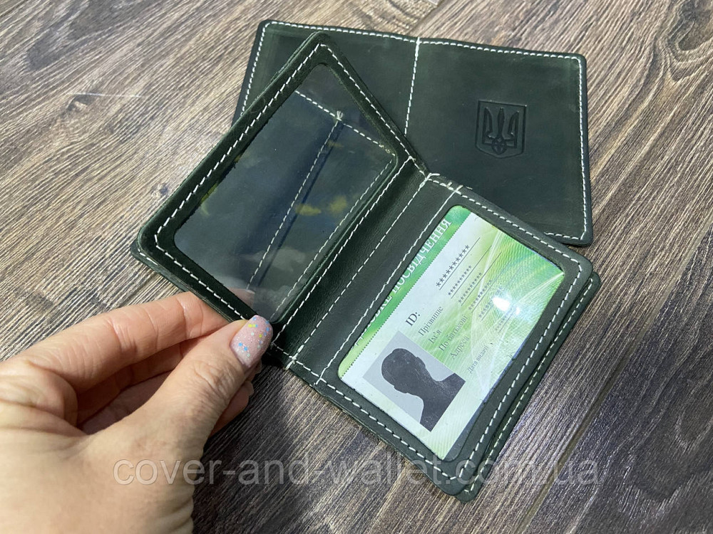 Кожаная обложка для id паспорта и прав с гербом Украины зеленого цвета Puos Киев - изображение 3