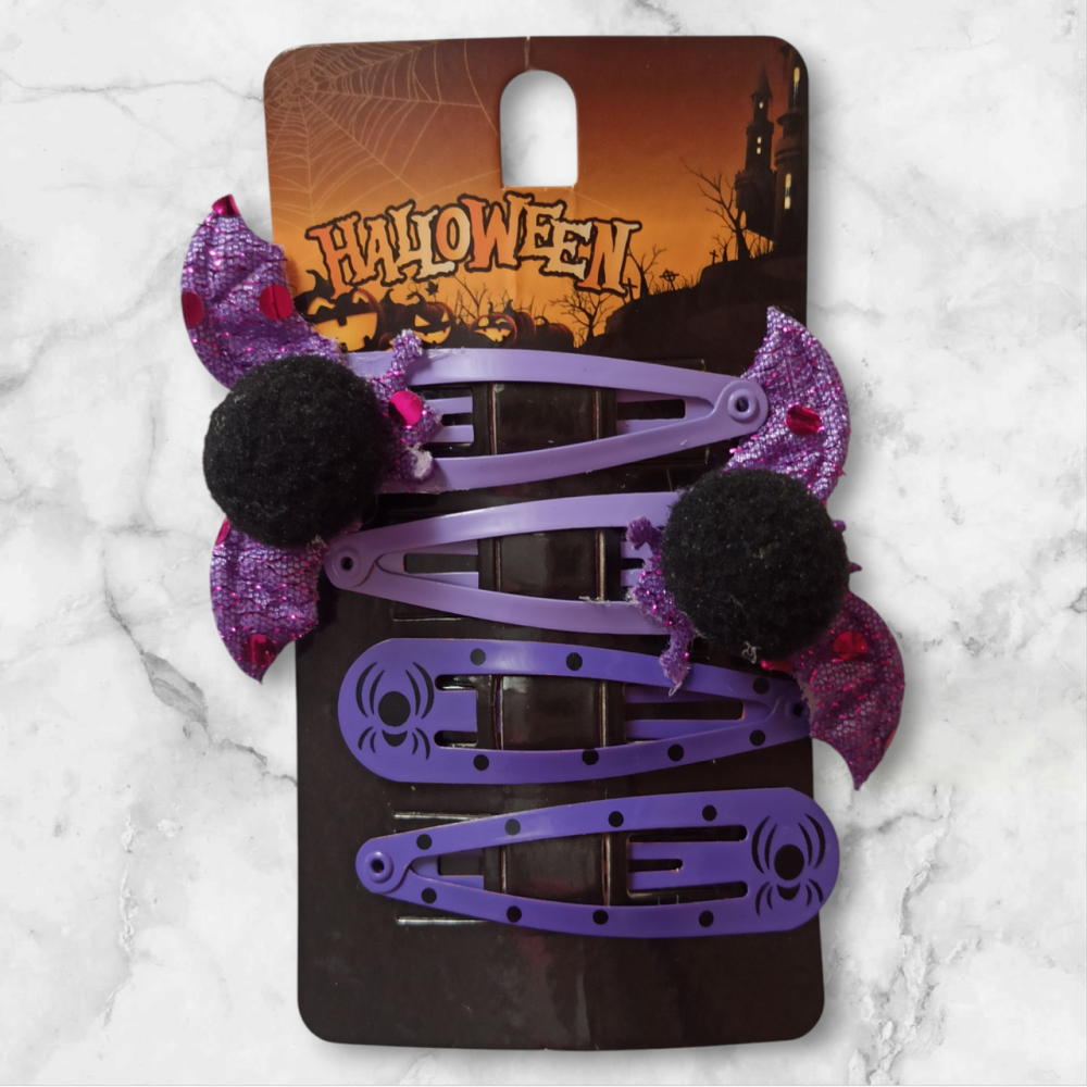 Набор 2 заколки с принтом паук и 2 заколки с летучей мышей для волос на Хэллоуин фиолетовый Киев - изображение 2