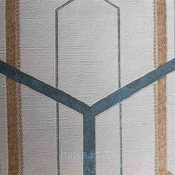 Шпалери метрові вінілові на флізелін 24 Carati Cristiana Masi геометрія смуги золотом бірюзові на бежевому 3д Київ