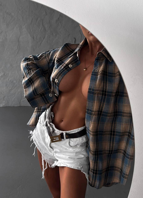 Женская базовая рубашка в клетку турецкая фланель Голубой Одесса - изображение 1