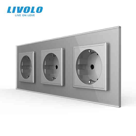 LIVOLO Потрійна електрична розетка з заземленням LIVOLO, сіра, скляна рамка, шторки, 250В 16А ( Коломия